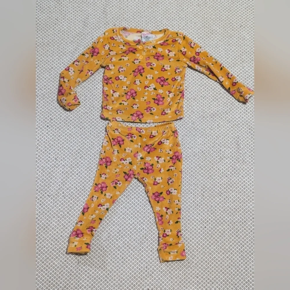 Velvet Bohemian Floral Kids Pajama Set in Yellow and Pink